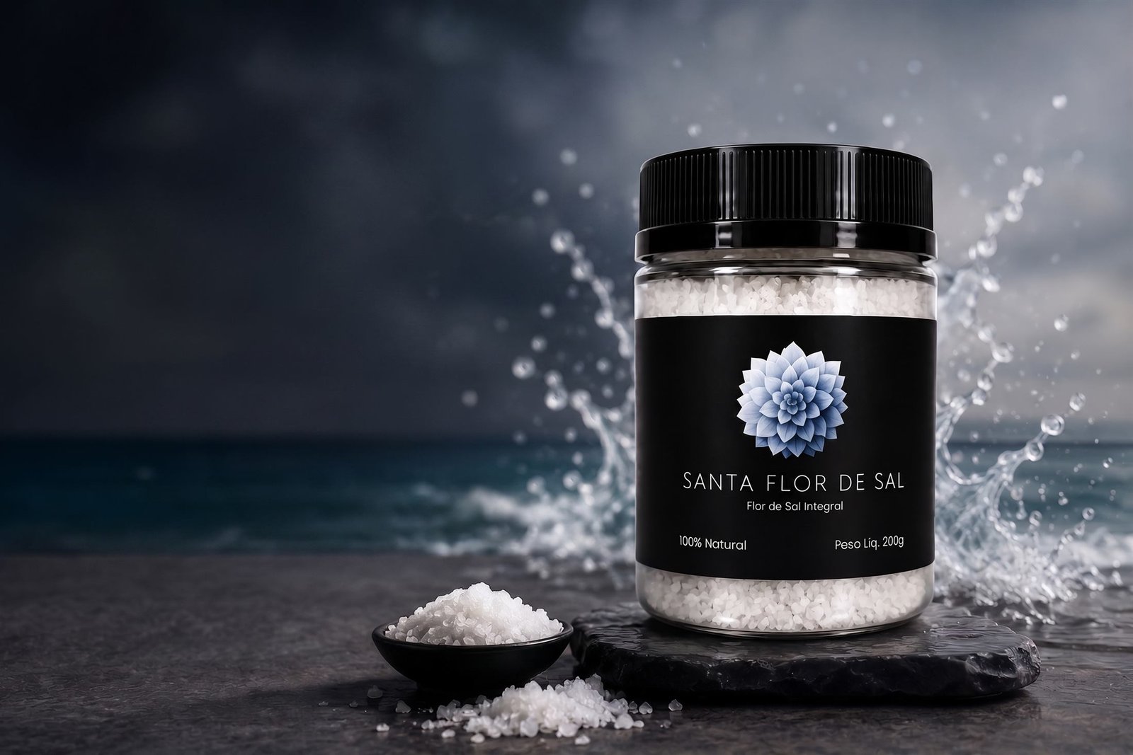 pote de flor de sal artesanal santa flor de sal 200g à beira-mar com respingos de água